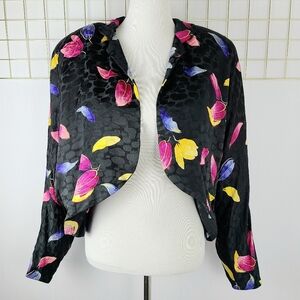 Rose-Marie Roussel Silk Black Pink Floral Crop Vintage Jacket